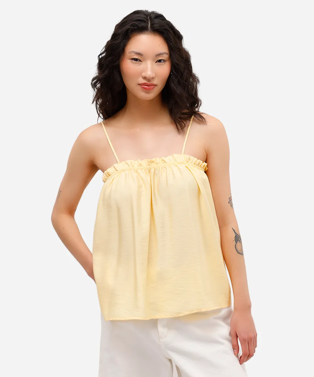 blusa alça fina feminina de viscose com babado amarela
