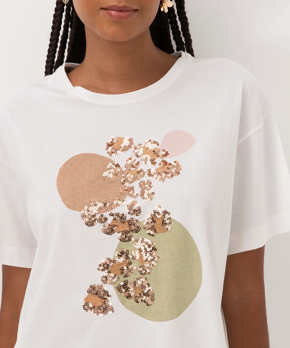 camiseta de algodão animal print paetê off white — foto 2