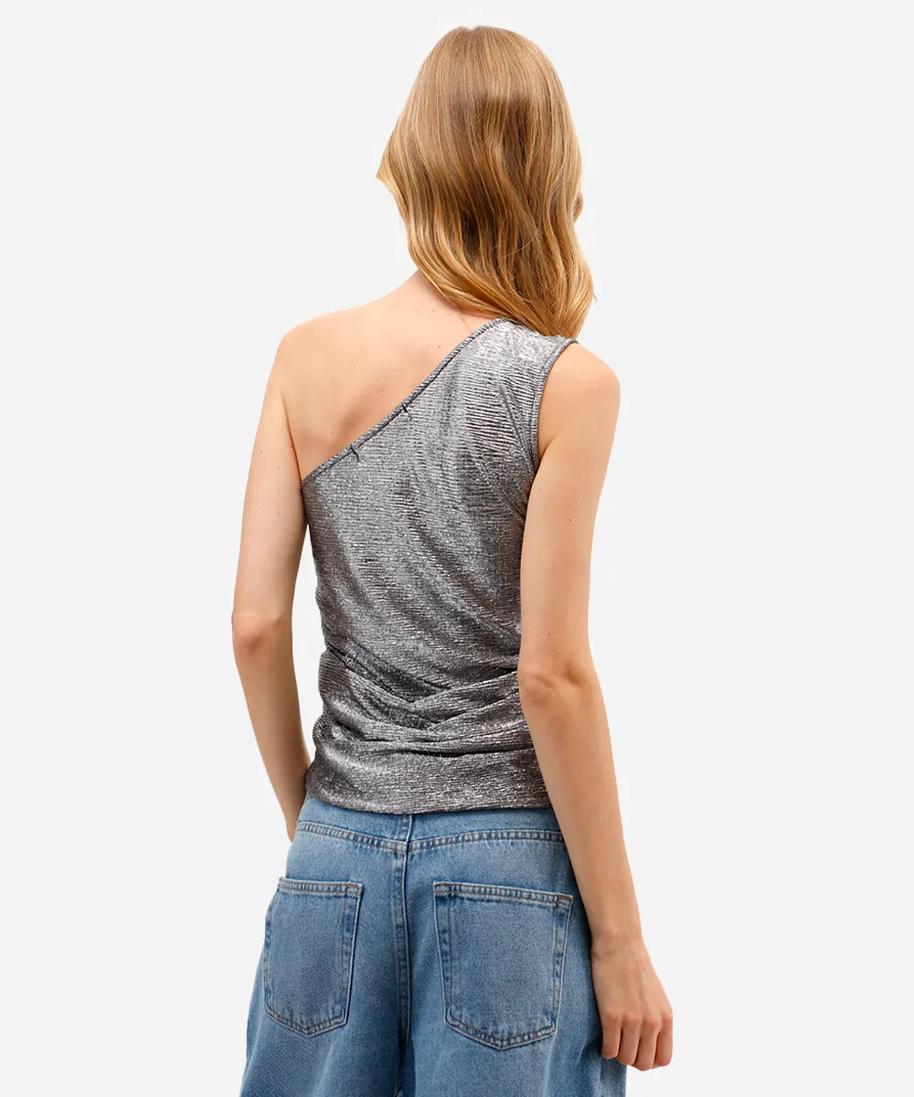 blusa ombro único feminina texturizada metalizada prateada — foto 2