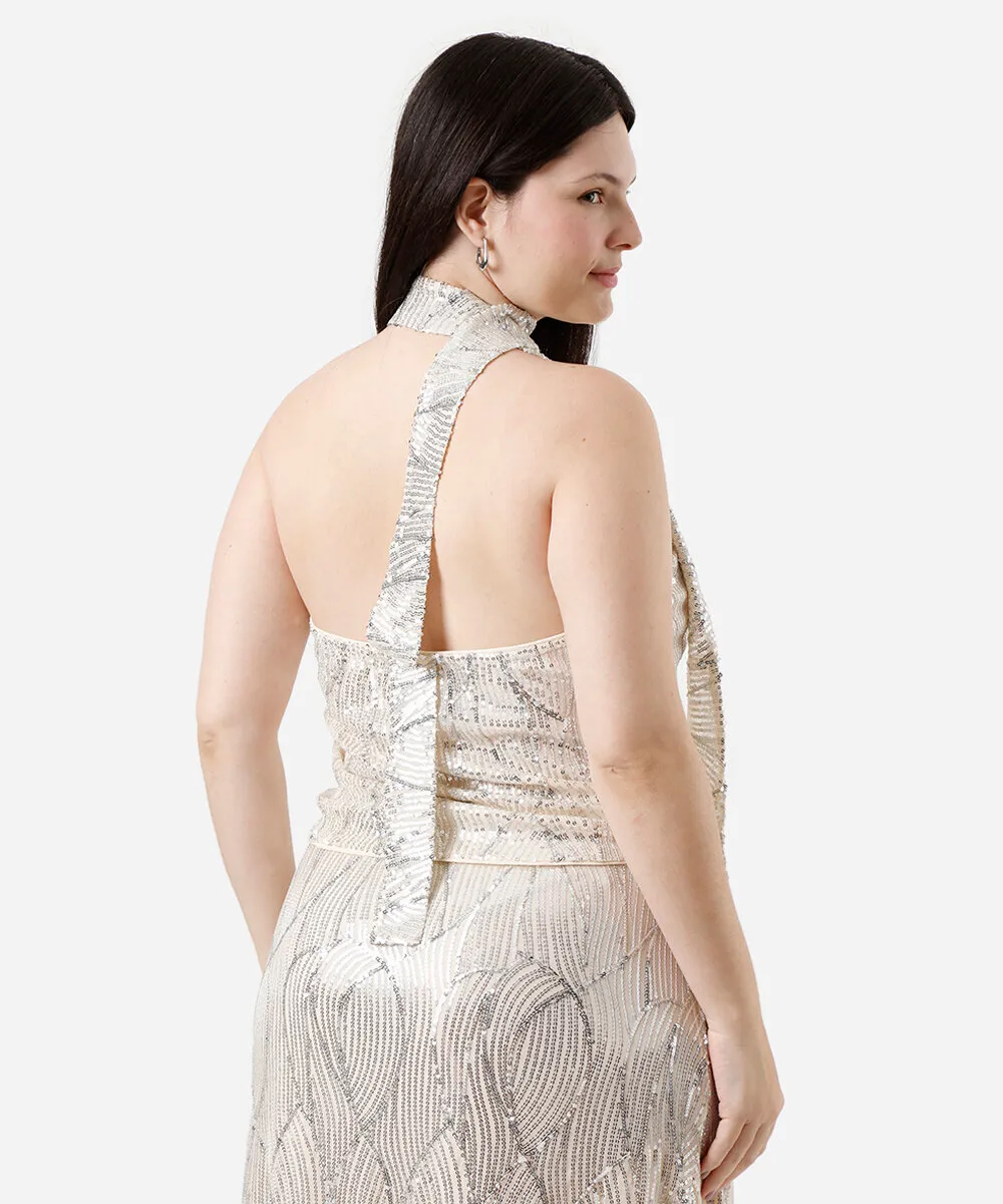 blusa sem alça feminina de paetê com lenço mindset plus size bege — foto 2