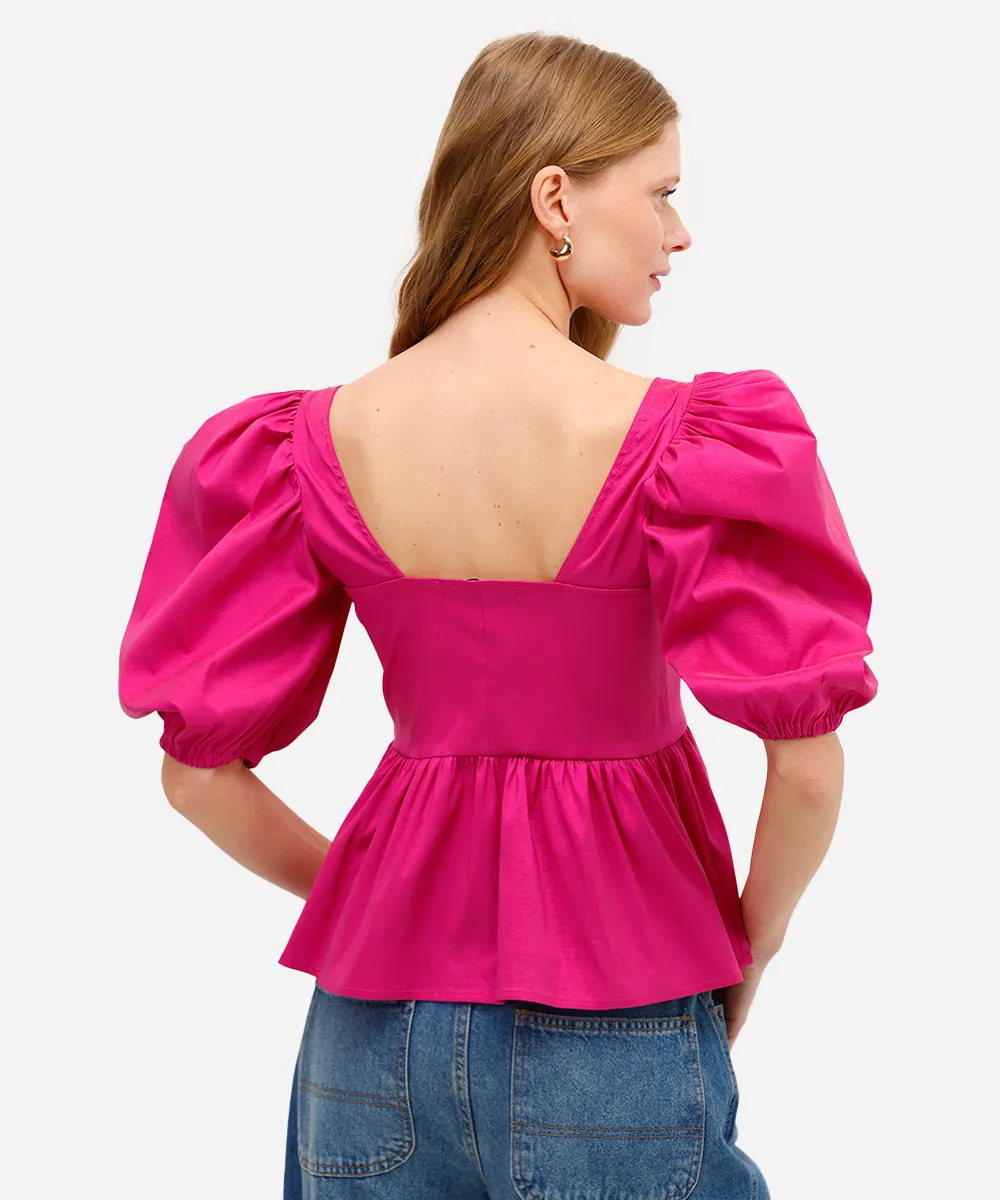 blusa peplum feminina manga bufante rosa — foto 2