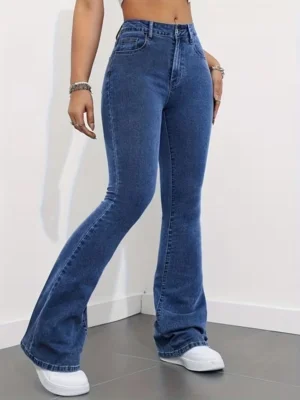 Calça Flare Jeans Feminina Text Jeans Cintura Alta Modeladora Azul Escuro  — foto 5