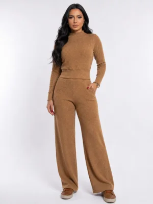 Conjunto Calça Reta Cintura Alta e Blusa Manga Longa Gola Alta Outono Inverno Cor Marrom Avelã — foto 3