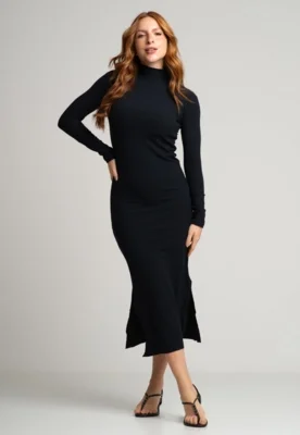 Vestido Midi Gola Alta Manga Longa Vekyo Canelado Preto — foto 4