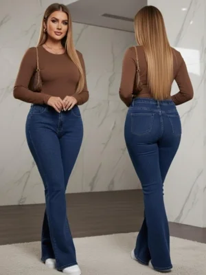 Calça Flare Feminina Sk Jeans casual e confortável ideal dia a dia Cor Azul Escura — foto 6