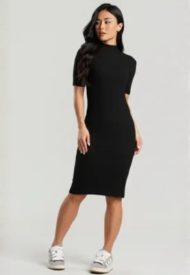 Vestido Midi Gola Alta Vekyo Canelado Preto — foto 4