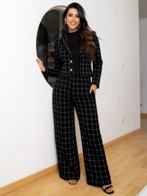 Conjunto Feminino Blazer em Malha Xadrez  e Calça Cintura Reta Pantalona Xadrez Outono Inverno — foto 3