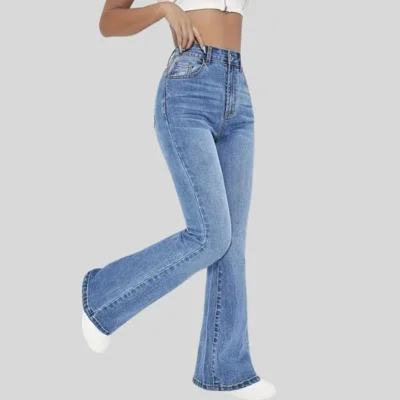 Calça Flare Jeans Feminina Text Jeans Boca de Sino Cintura Alta Modeladora Azul Claro — foto 5
