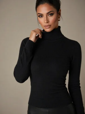 Blusa Feminina Tricot Manga Longa Gola Alta Tecido Premium Casual e Confortável Preto — foto 6