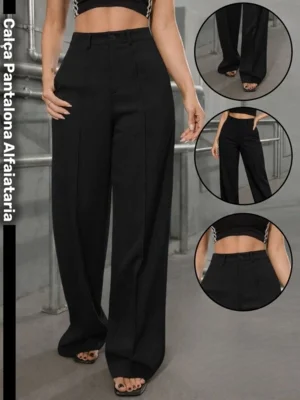 Calça Wide Leg Pantalona Alfaiataria Feminina Safira Moda Preta — foto 6