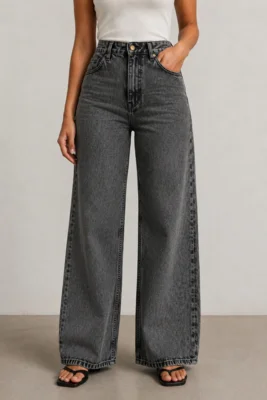 Calça Jeans Donna De Paula Wide Leg Grafite Feminina Pantalona Cintura Alta Casual Confortável — foto 4