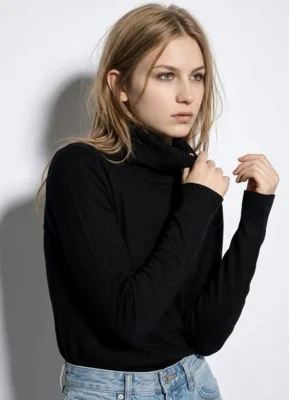 Blusa de Tricot Preta Gola Alta Manga Longa Justa Sob  Preto — foto 8
