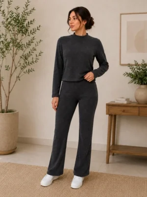 Conjunto Feminino Canelado Inverno Gola Alta Manga Longa Calça Flare Elegante — foto 7