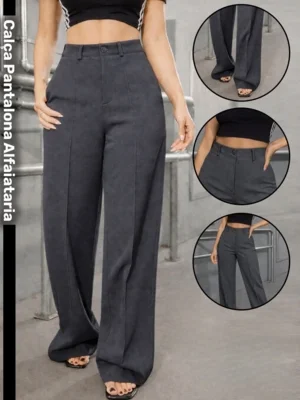 Calça Wide Leg Pantalona Alfaiataria Feminina Safira Moda Cinza Chumbo — foto 6