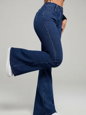 Calça Flare Jeans Feminina Text Jeans Boca de Sino Cintura Alta Modeladora Azul Escuro  — foto 5
