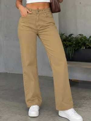 Calça Wide Leg Caqui Feminina Cintura Alta Casual Chic Premium — foto 5