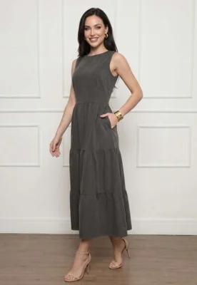 Vestido Treês Marias Cinza Midi Feminino Elegante com Bolsos Casual Chic Premium — foto 6