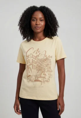 Camiseta Feminina Lança Perfume Estampa Côte dAzur Amarela — foto 6