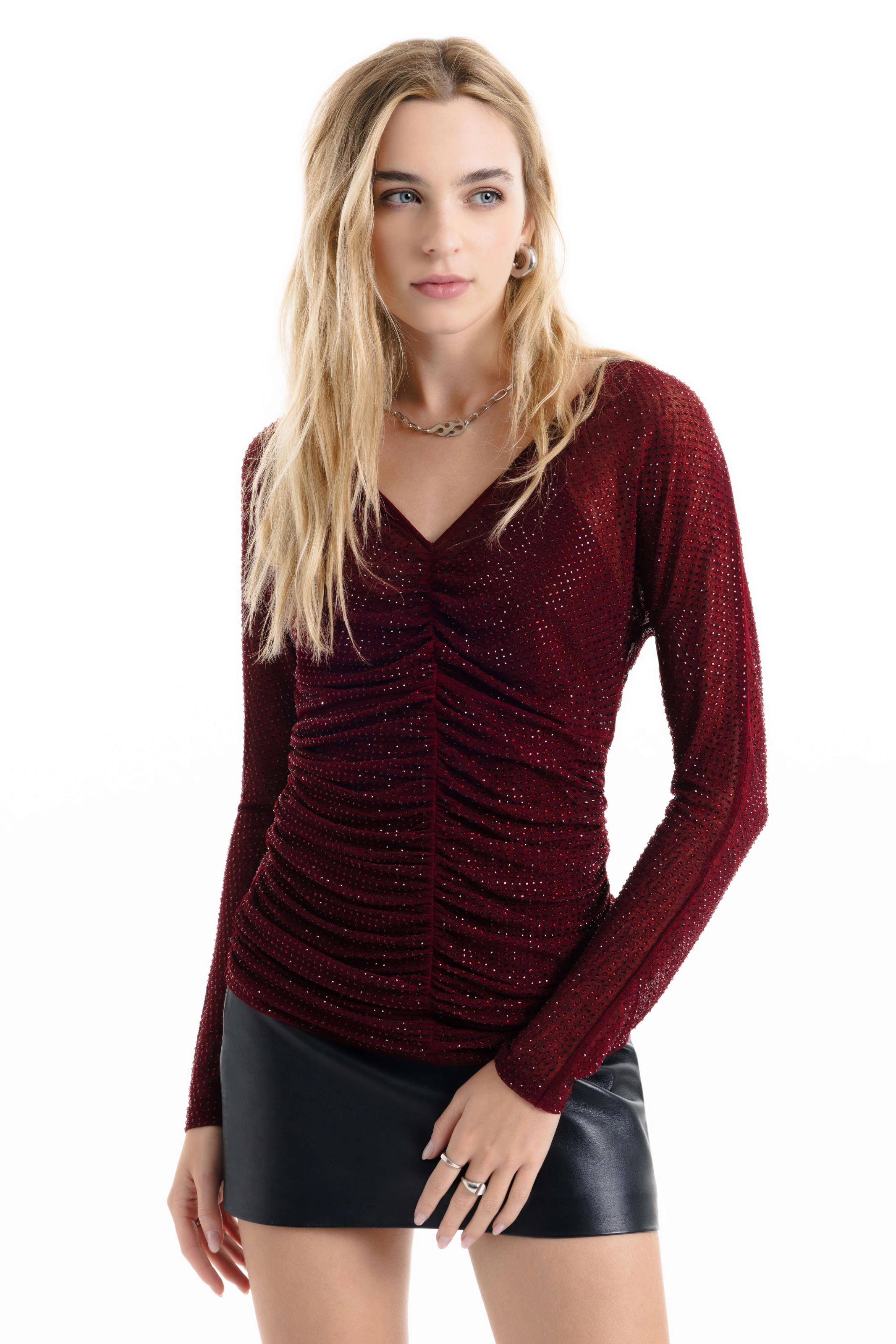 Blusa Shine Hotfix Ruching Vinho