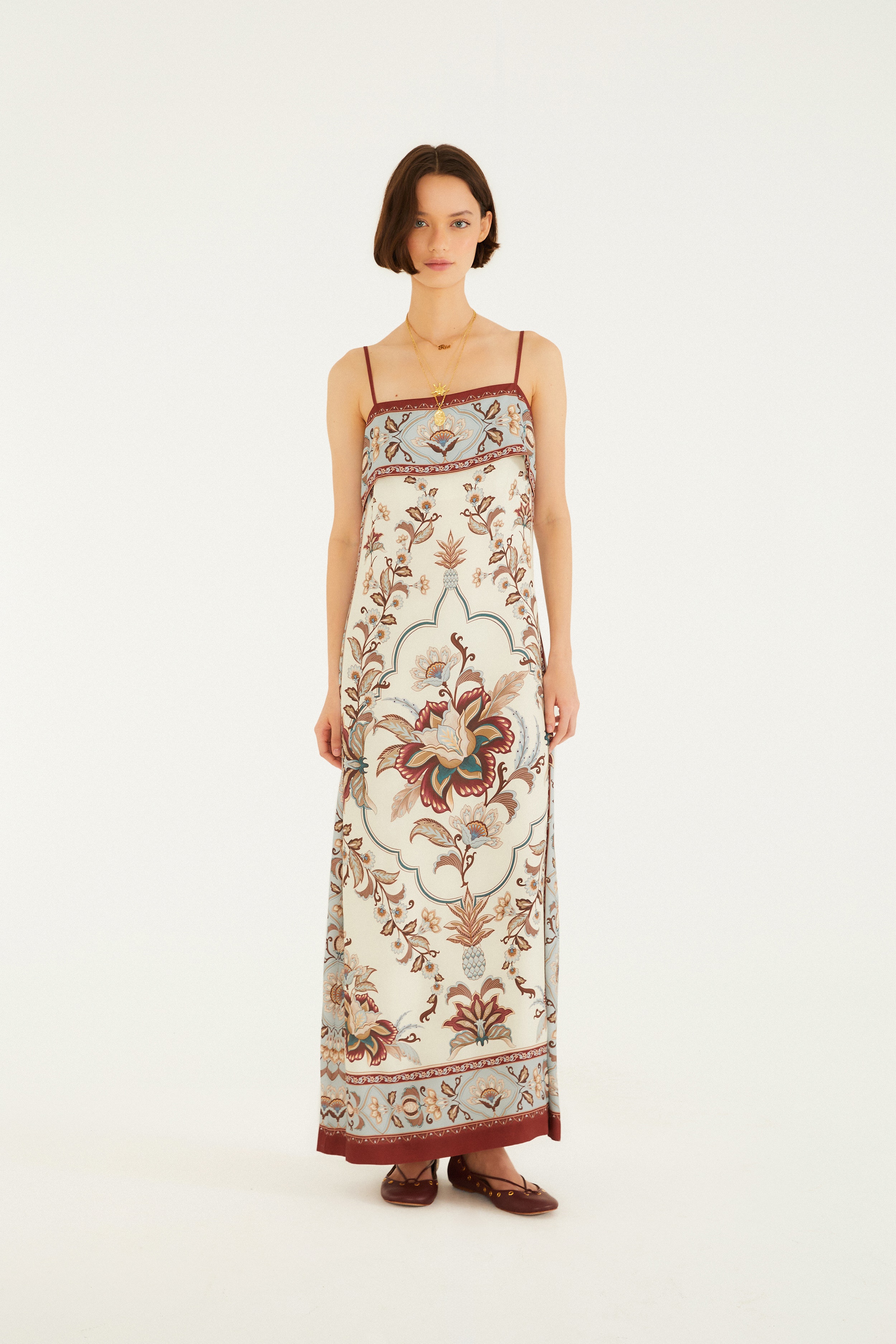 Vestido Longo Pala Estampado Jardim Majestoso