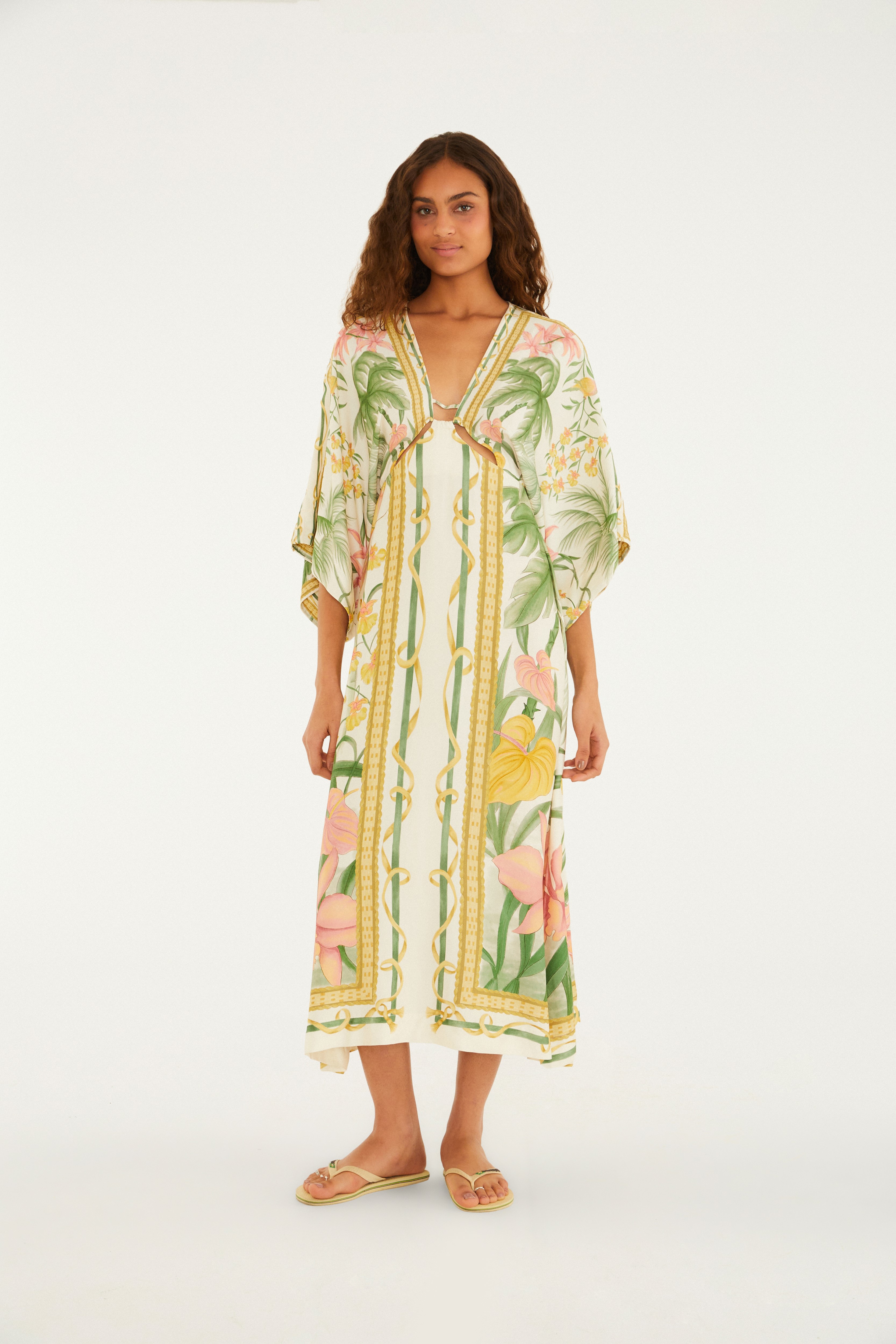 Vestido Longo Manga Estampado Capri