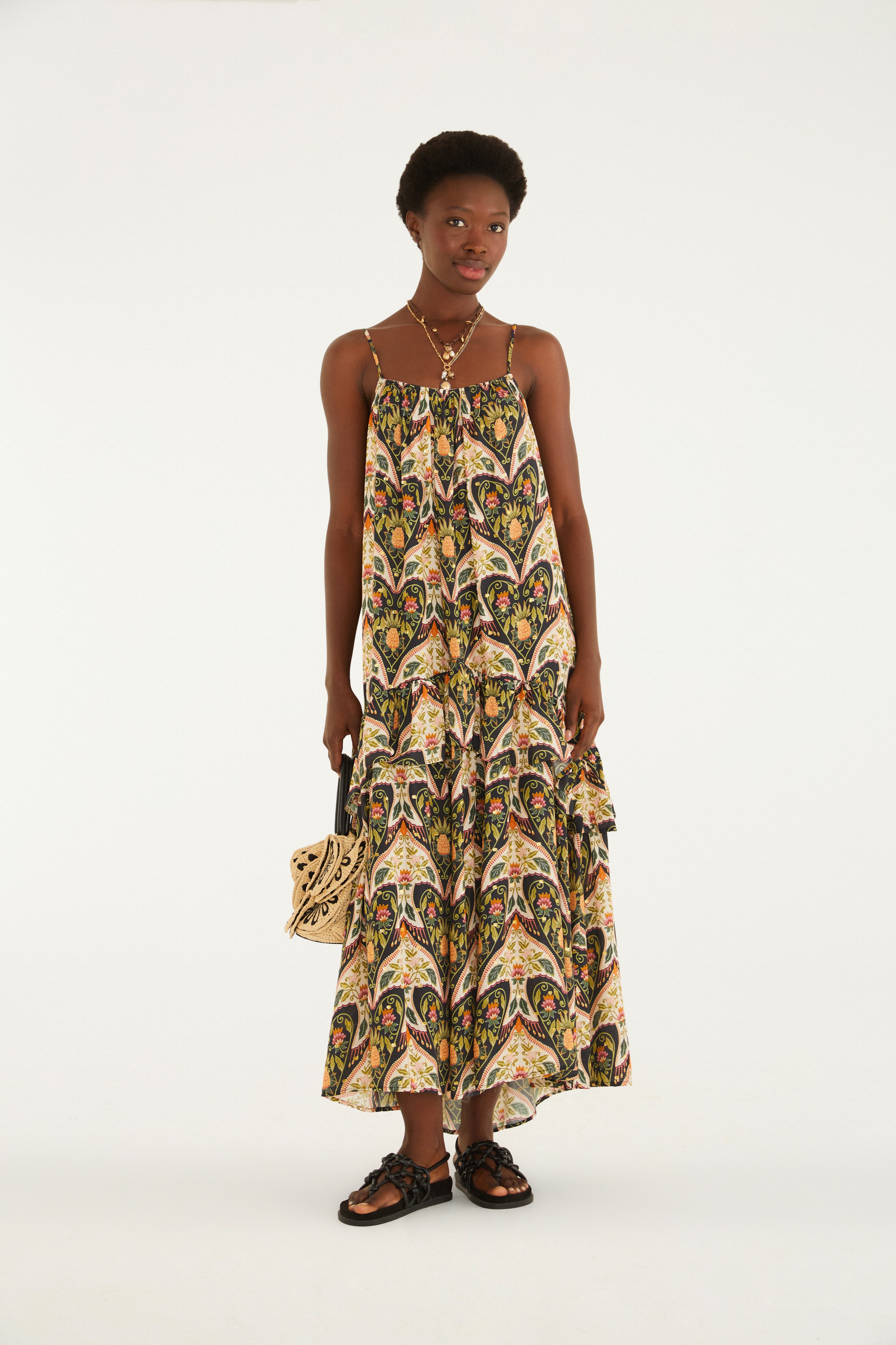 Vestido Longo Alça Estampado Andorinha