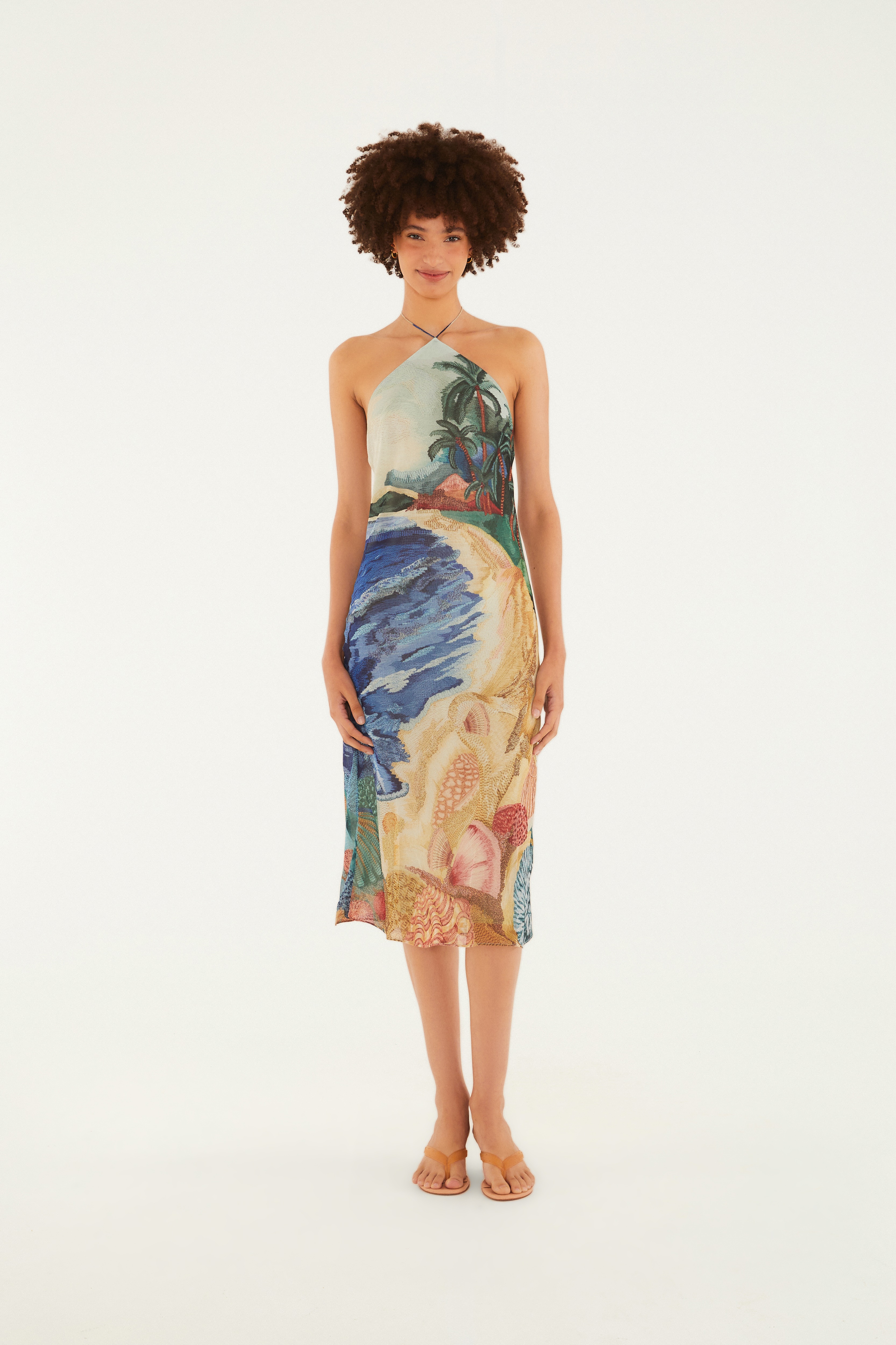 Vestido Enviesado Estampado Borda Praia
