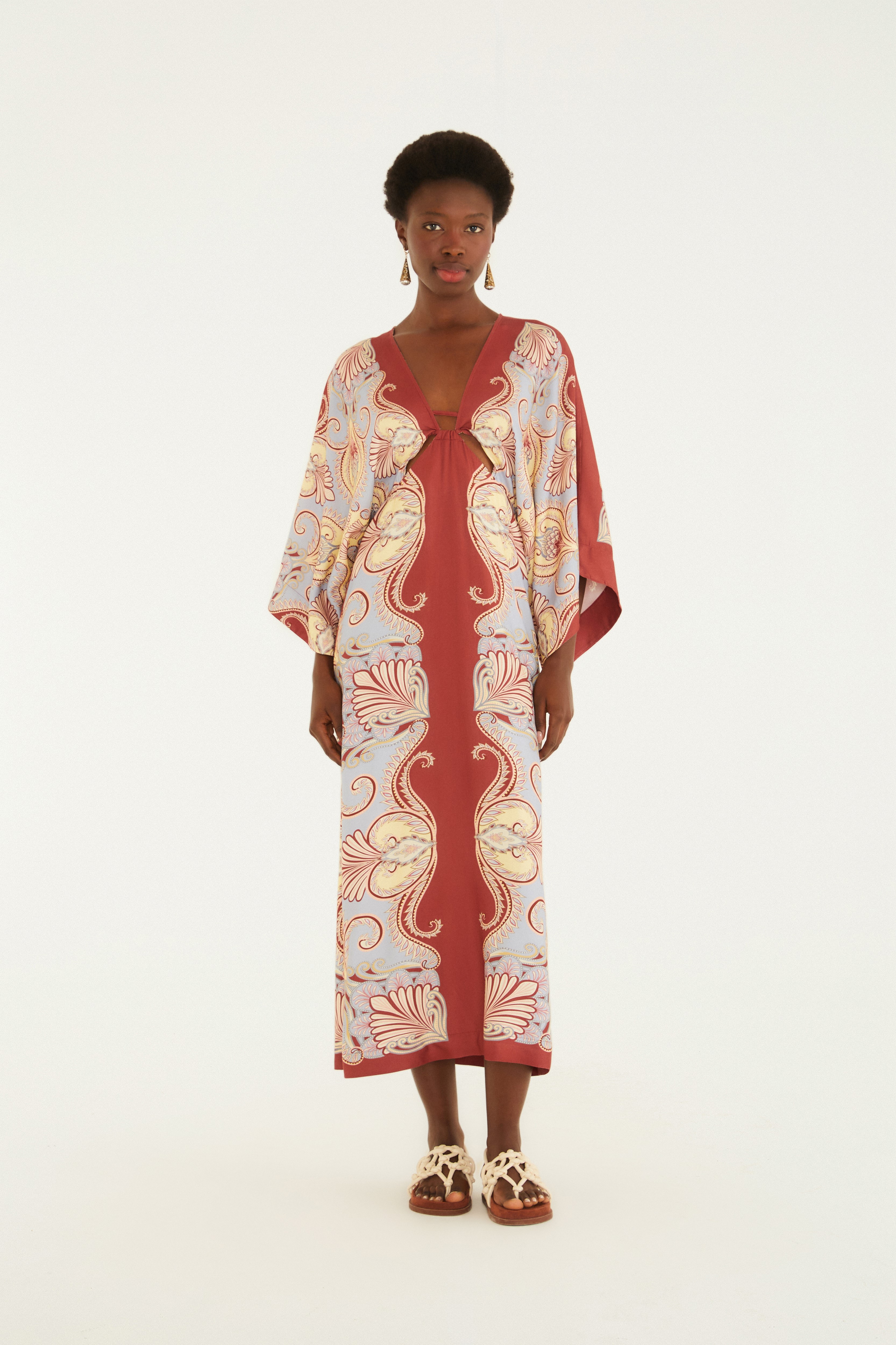 Vestido Longo Manga Estampado Arabesque