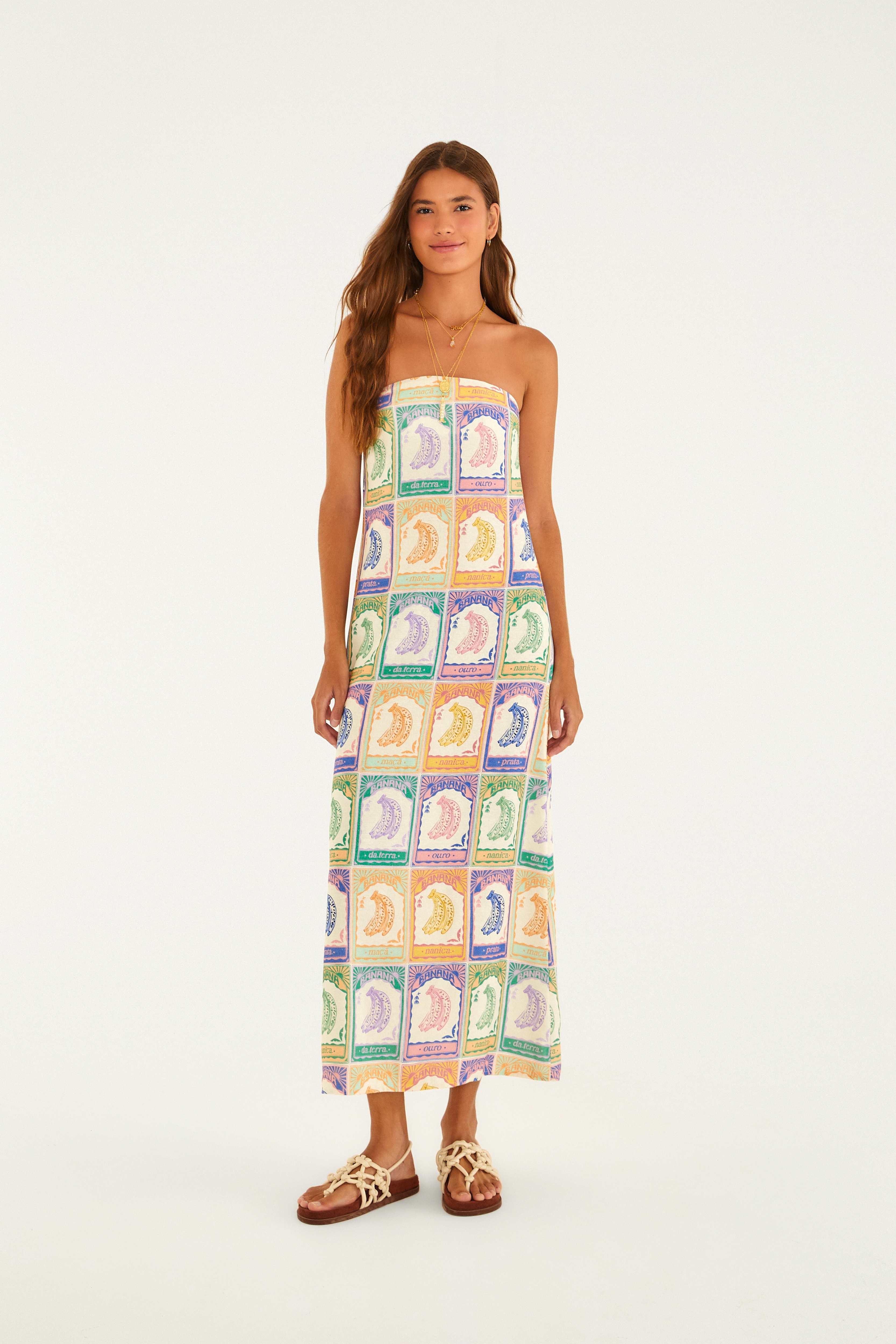 Vestido Longo Sem Alça Estampado Banana Selo — foto 2