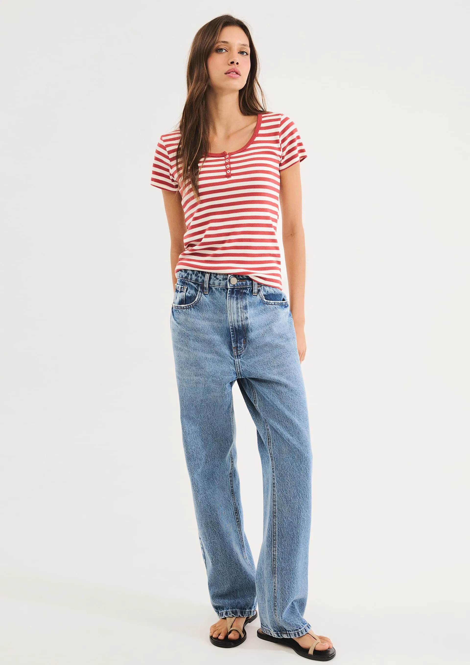 Blusa Feminina Listrada Em Malha Binada Com Botões - Vermelho — foto 4
