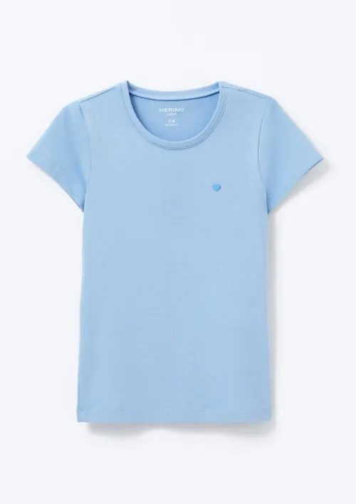 Blusa Básica Infantil Menina Manga Curta Slim Com Bordado Coração - Azul