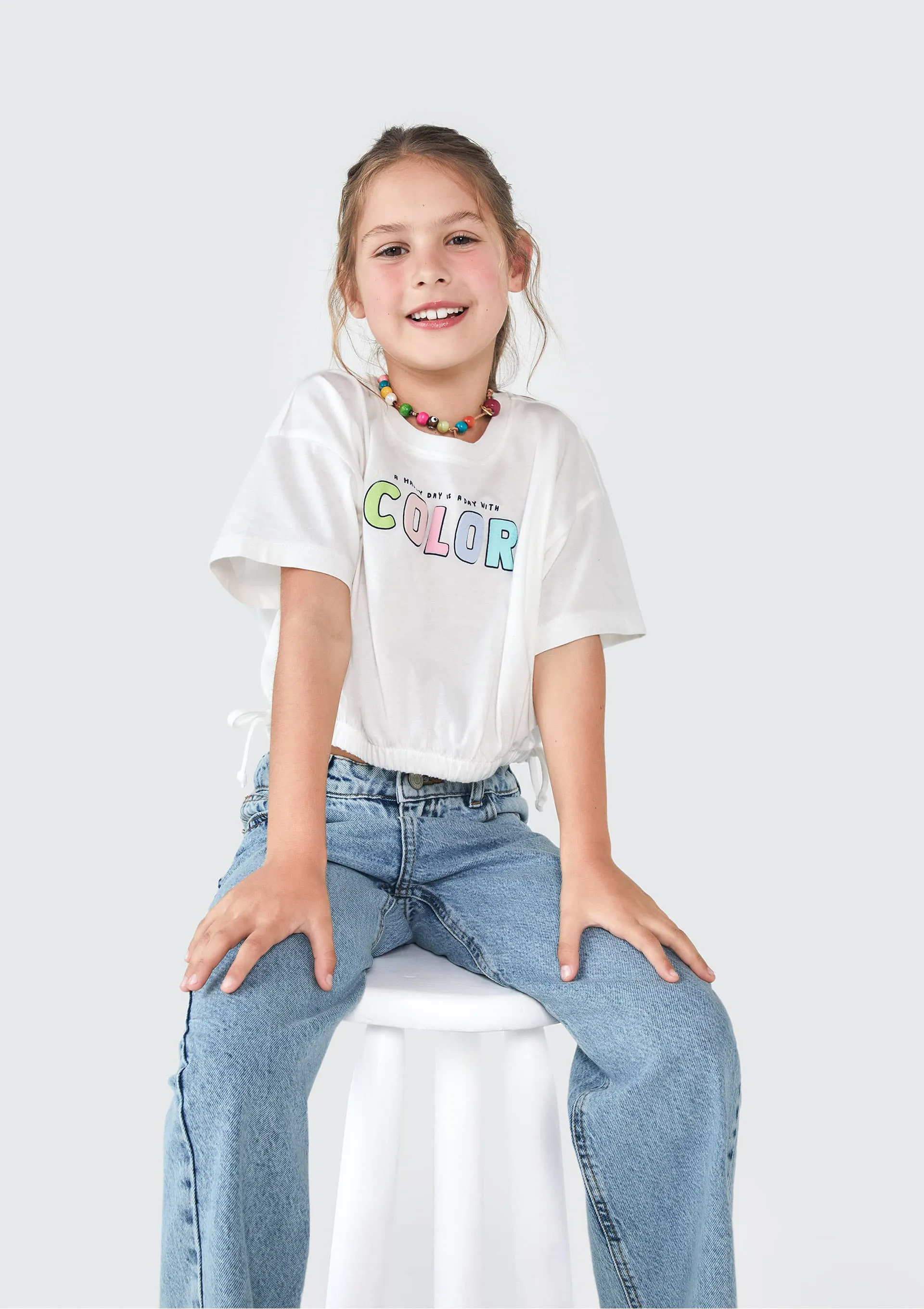 Blusa Infantil Menina Manga Curta Amarração - Branco — foto 3