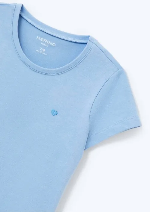 Blusa Básica Infantil Menina Manga Curta Slim Com Bordado Coração - Azul — foto 3