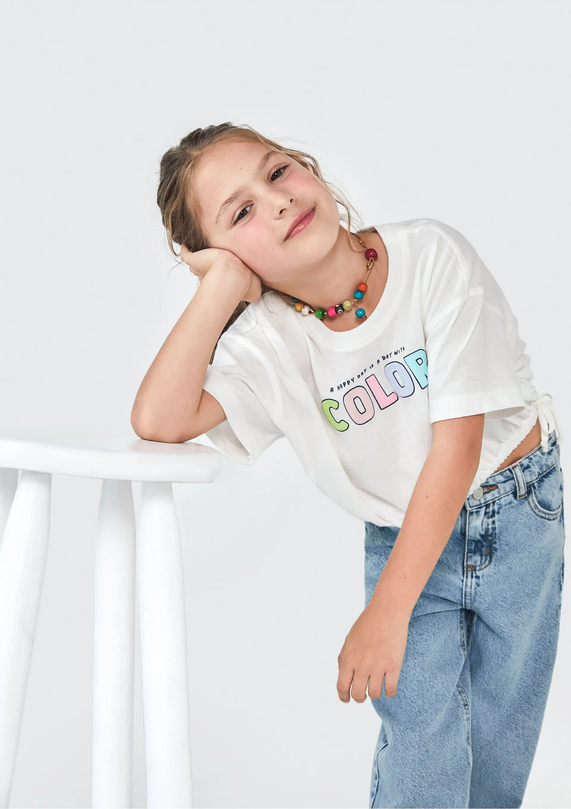 Blusa Infantil Menina Manga Curta Amarração - Branco — foto 2