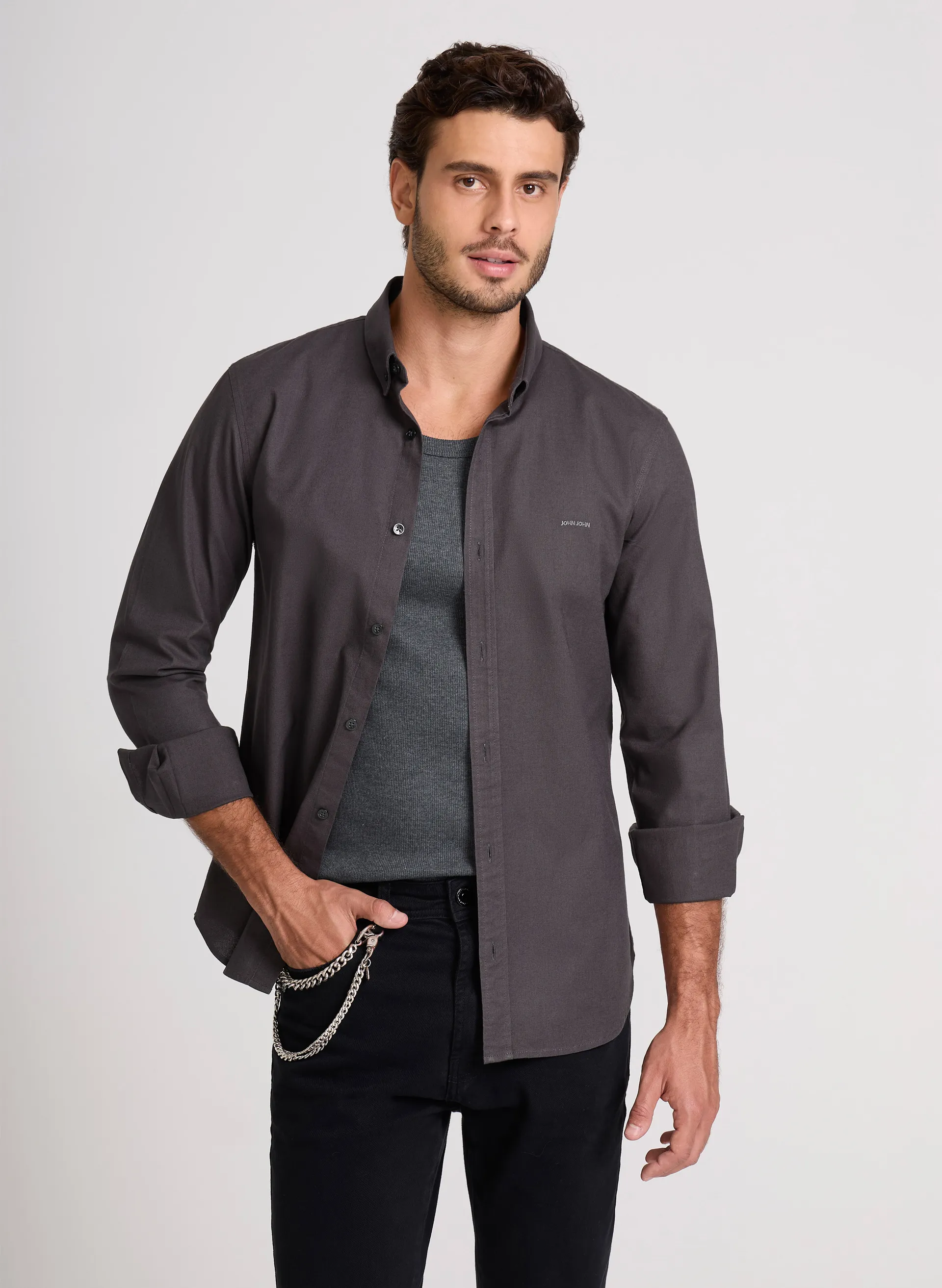 Camisa Slim Fit Oxford Grey John John Masculina