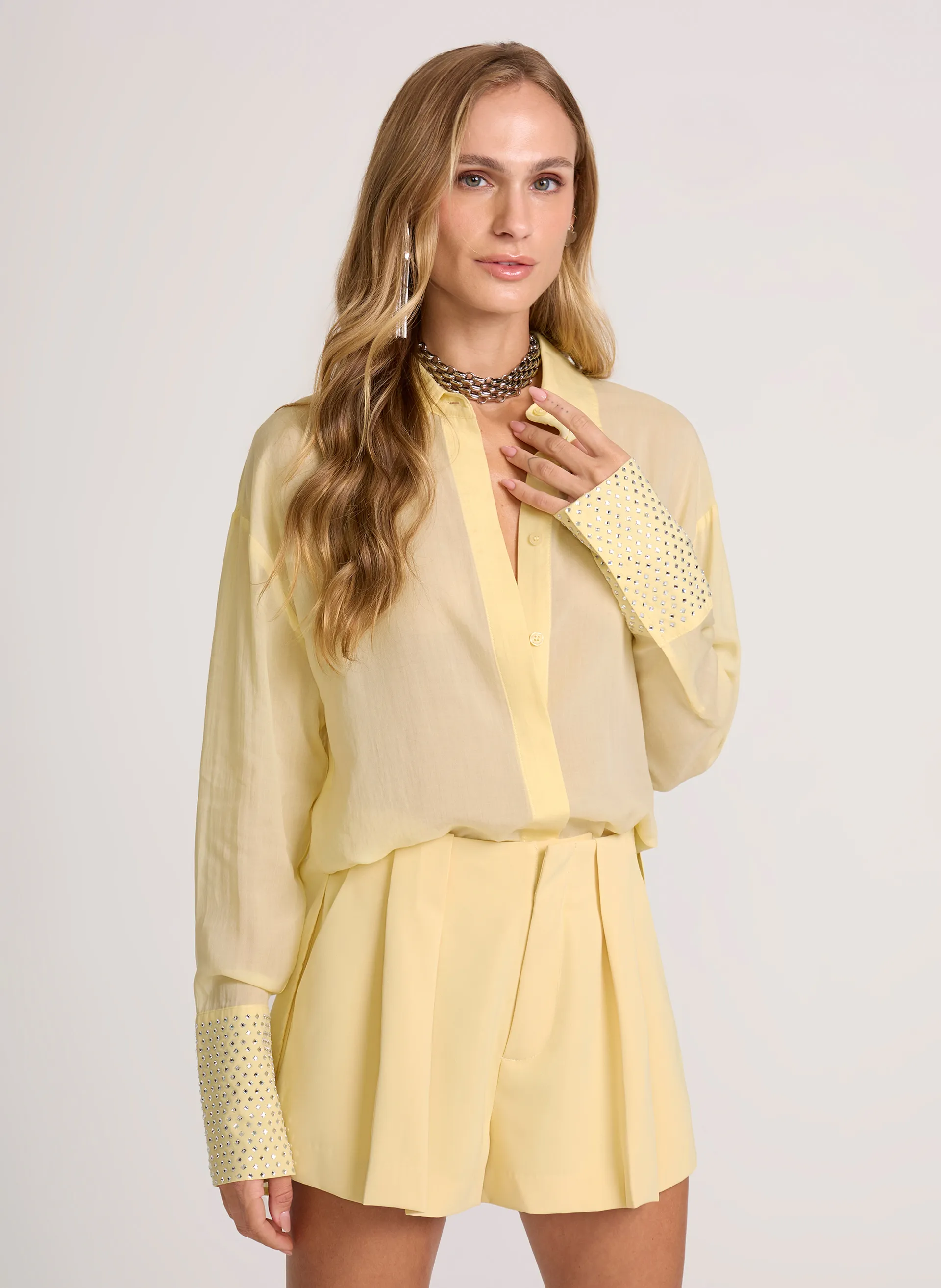 Camisa Alfaiataria Pleats Amarelo John John Feminina