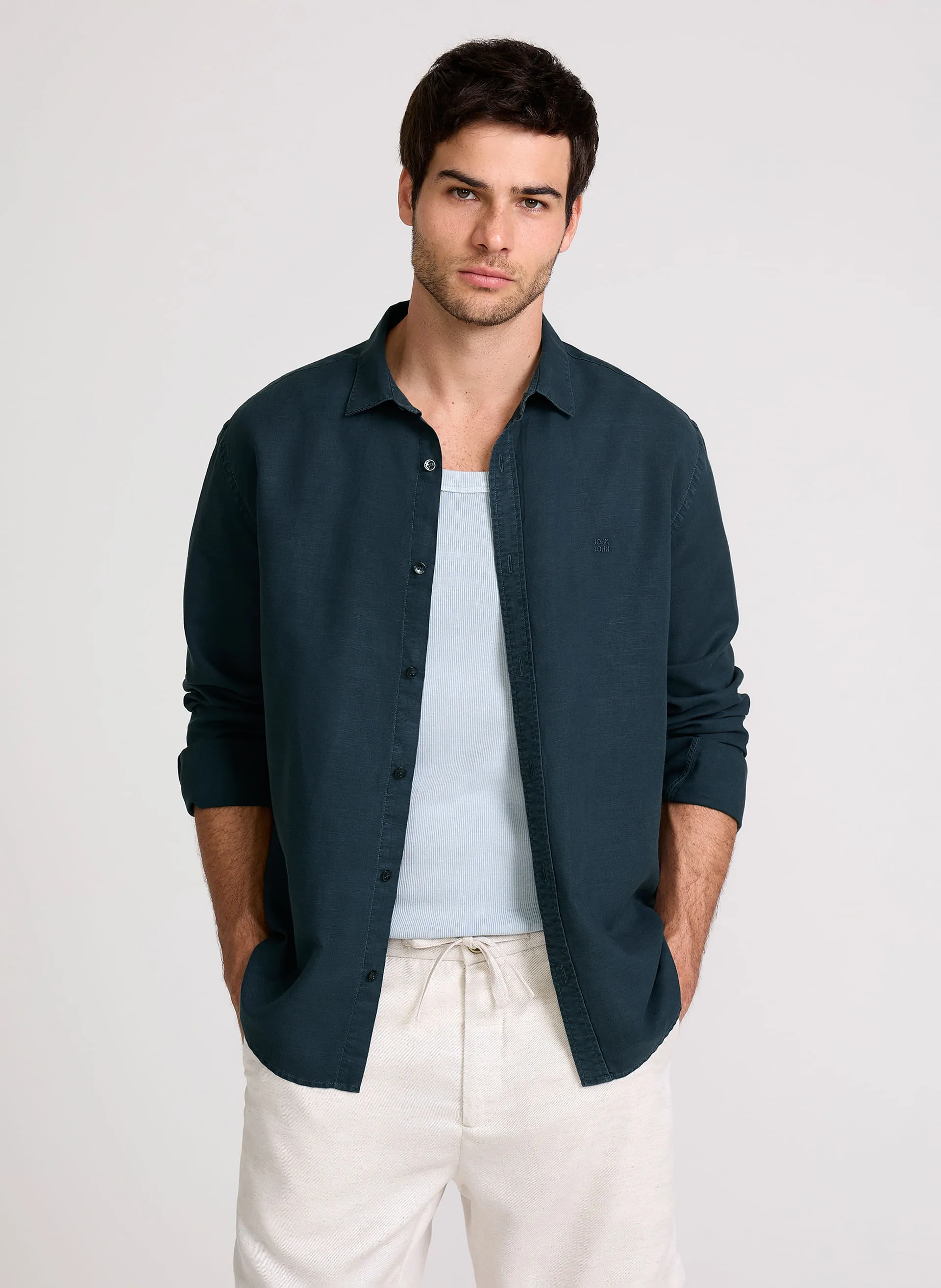 Camisa Relaxed Fit Linen Blend Mar John John Masculina