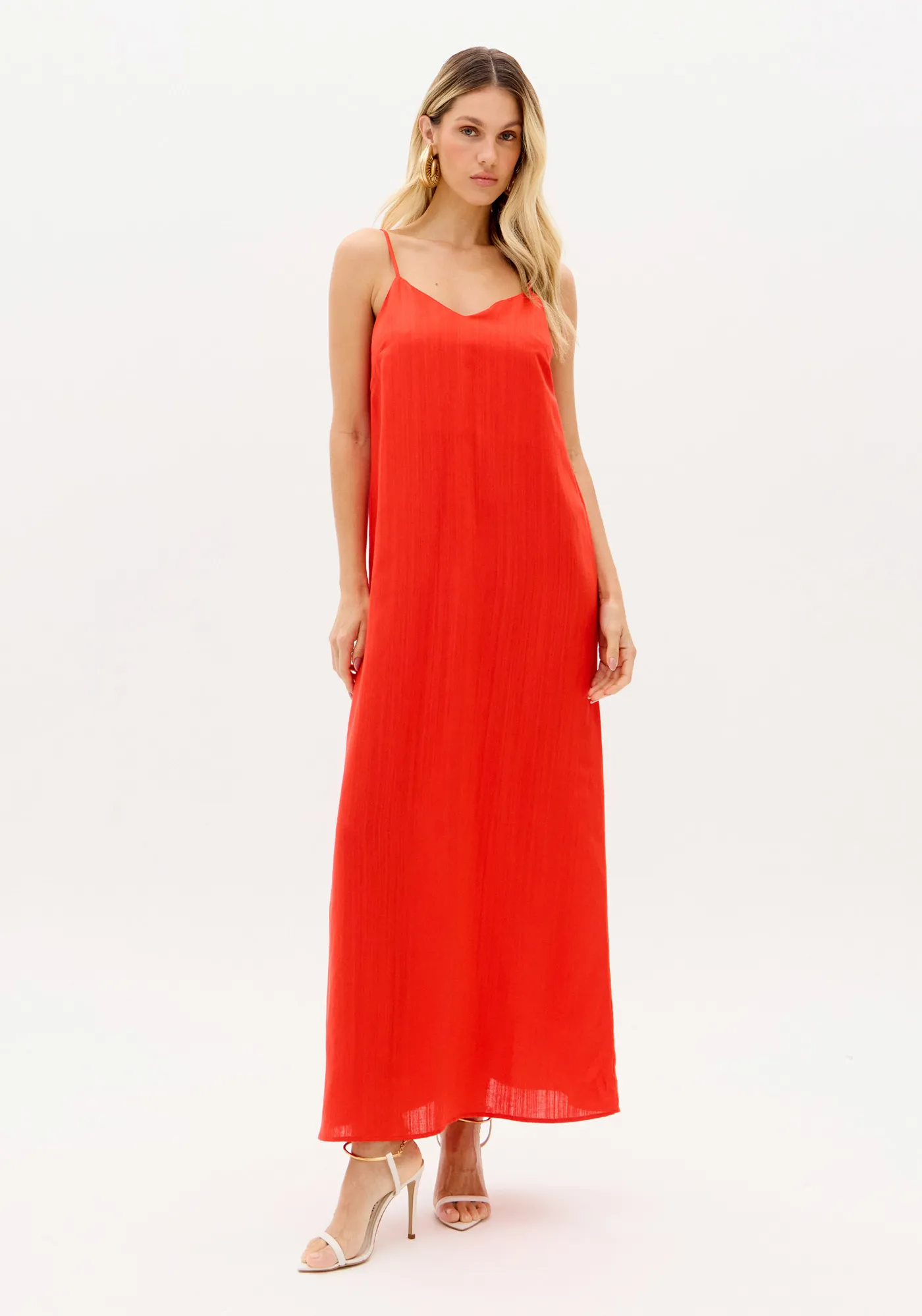Vestido Super Midi De Alças Com Linho