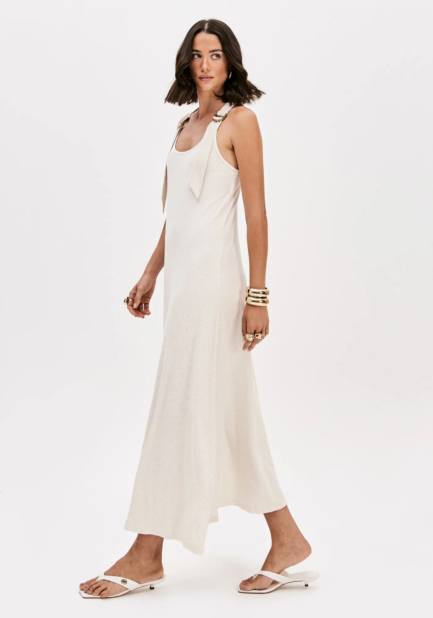 Vestido Canelado Super Midi Com Linho — foto 2
