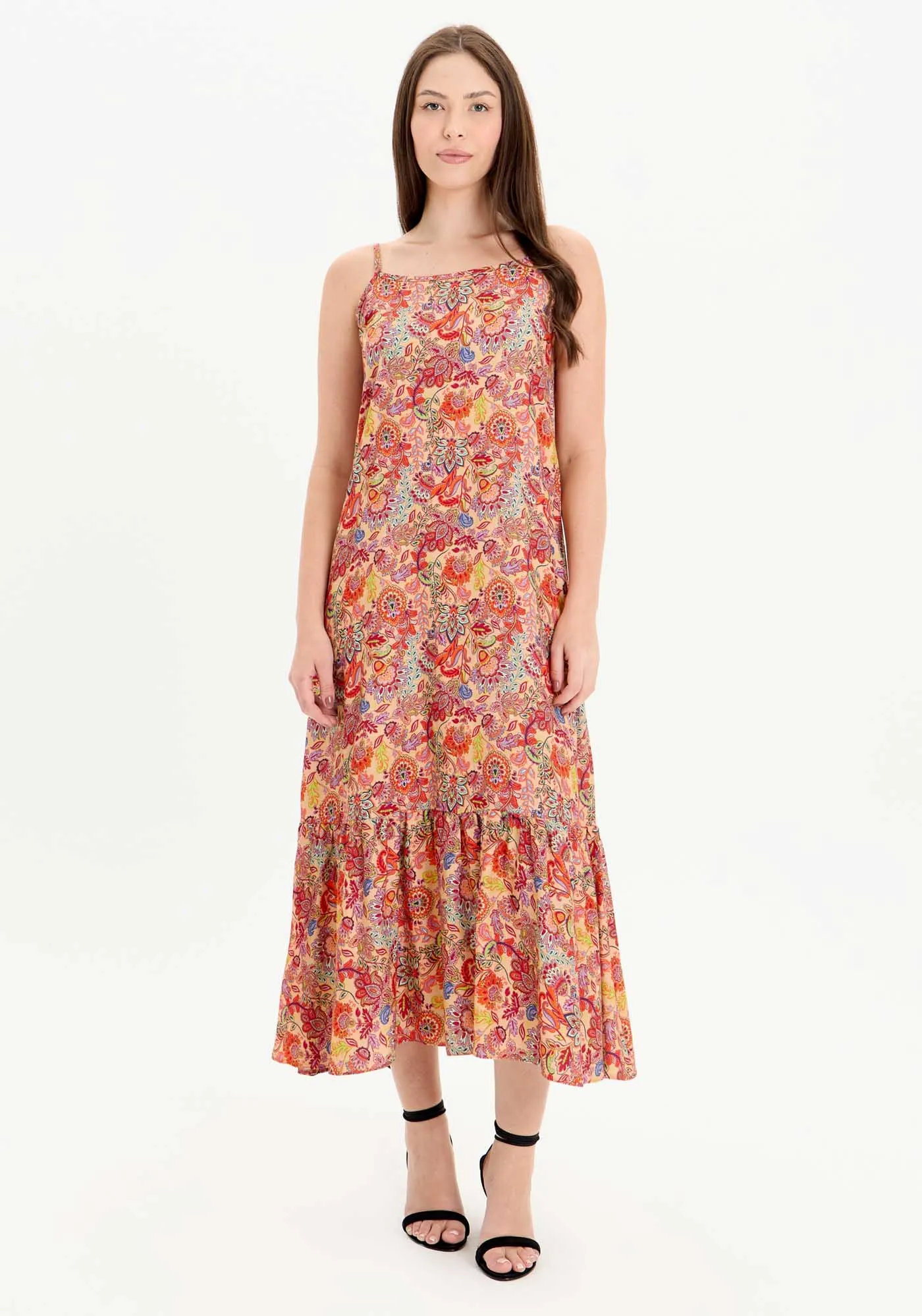 Vestido Estampado De Alças Com Babado Na Barra