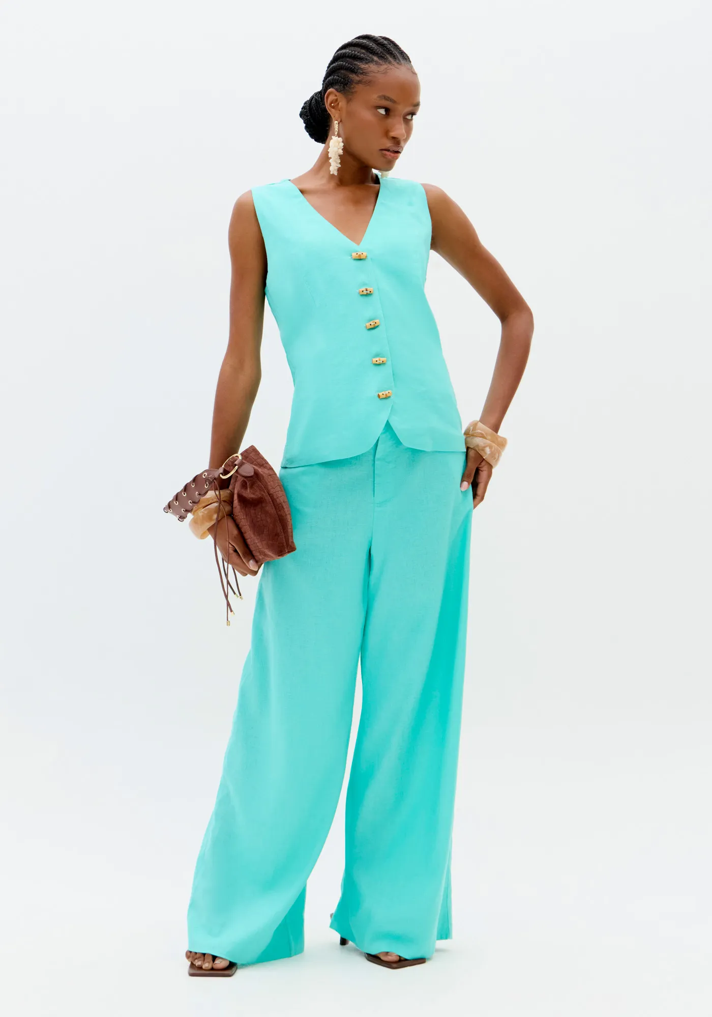Calça Wide Leg Cintura Alta Com Linho
