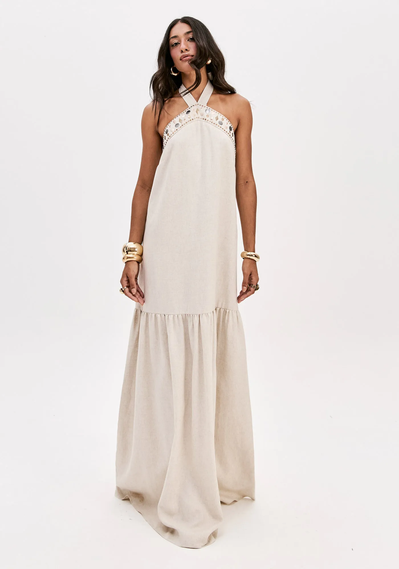 Vestido Longo Frente Única Com Linho