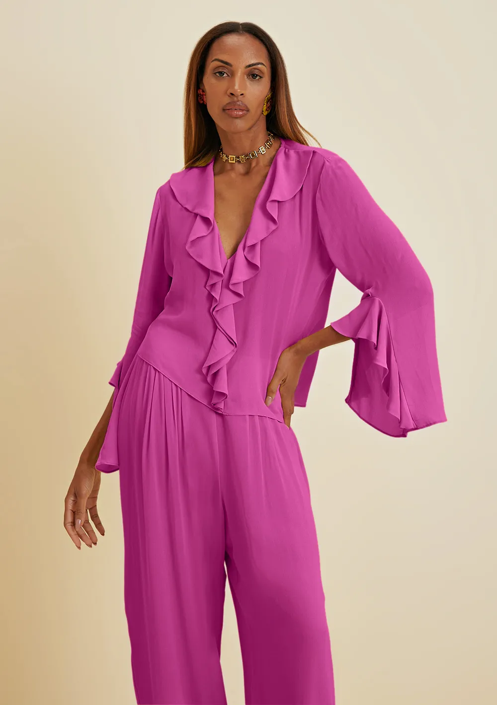 Blusa Morena Rosa Decote V Manga Flare Babado Decote Roxo