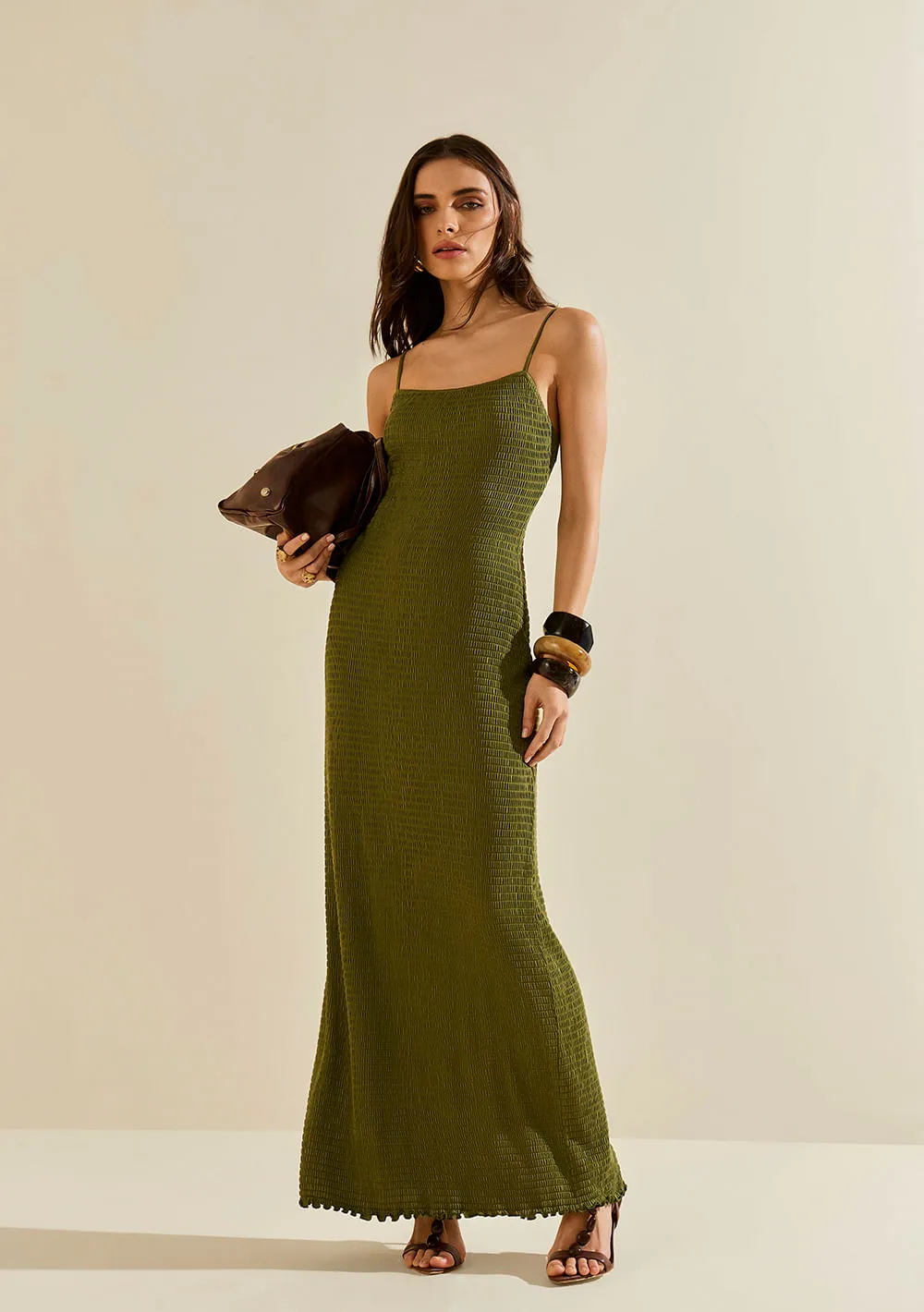 Vestido Morena Rosa Ajustado Decote Careca Sem Manga Midi Verde