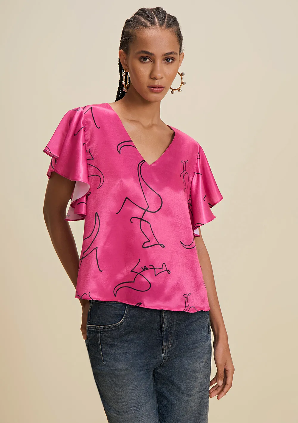 Blusa Solta Decote V Manga Curta Cropped Rosa