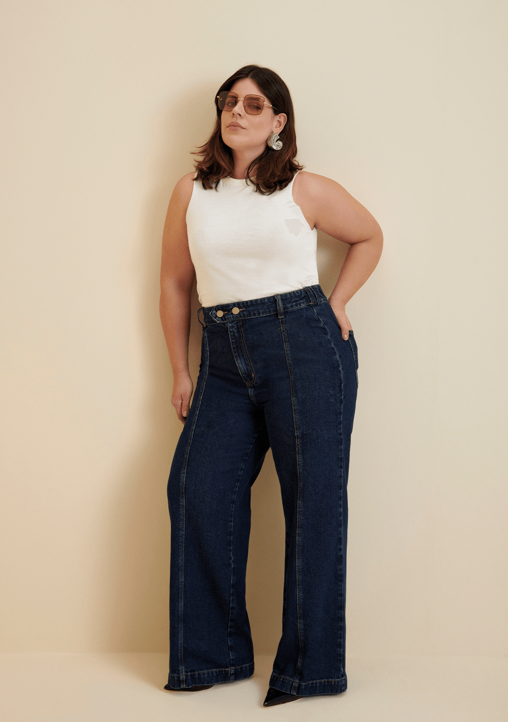 Calça Morena Rosa Wide Leg Thaila Cós Alto Detalhe Cós Jeans — foto 2