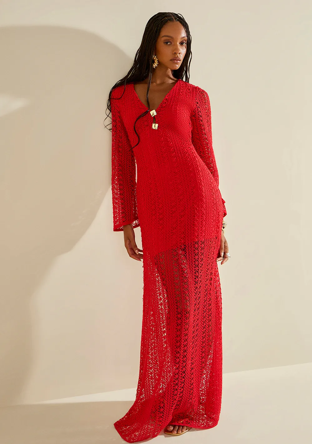 Vestido Morena Rosa Solto Decote V Manga Longa Longo Vermelho