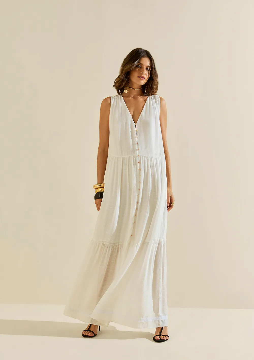 Vestido Morena Rosa Solto Decote V Sem Manga Longo Off White