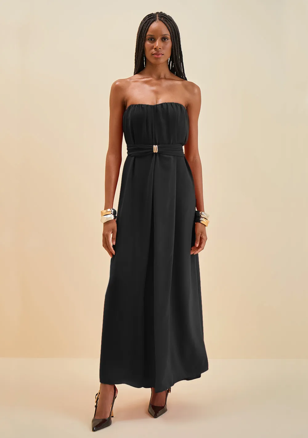 Vestido Morena Rosa Solto Decote Reto Com Alça Longo Preto
