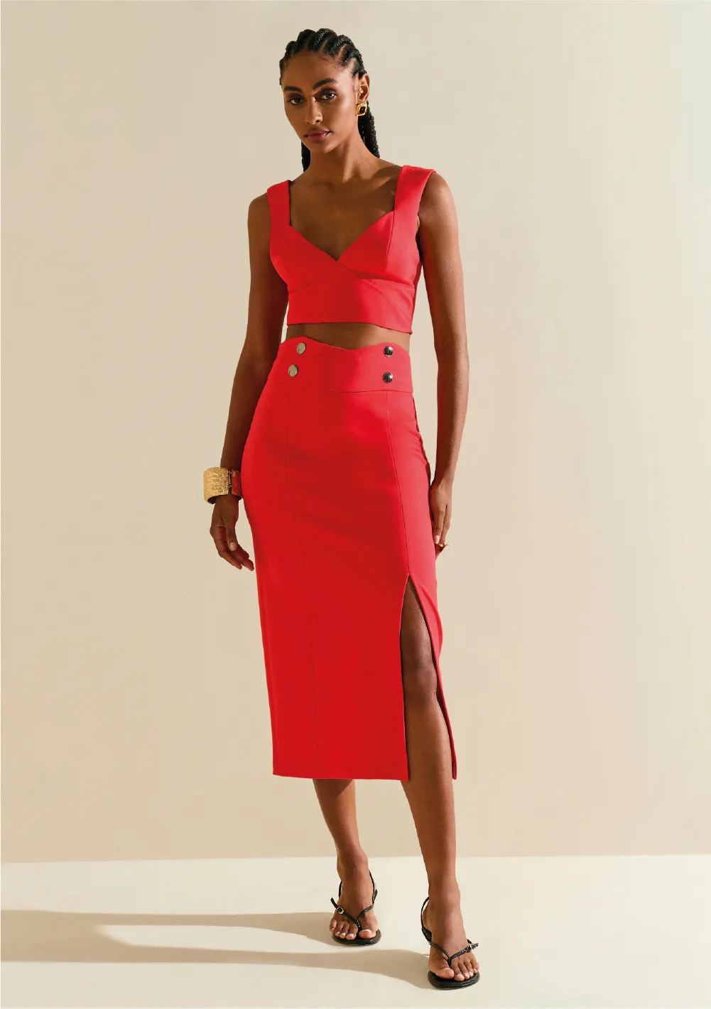 Saia Morena Rosa Reta Alta Midi Vermelho